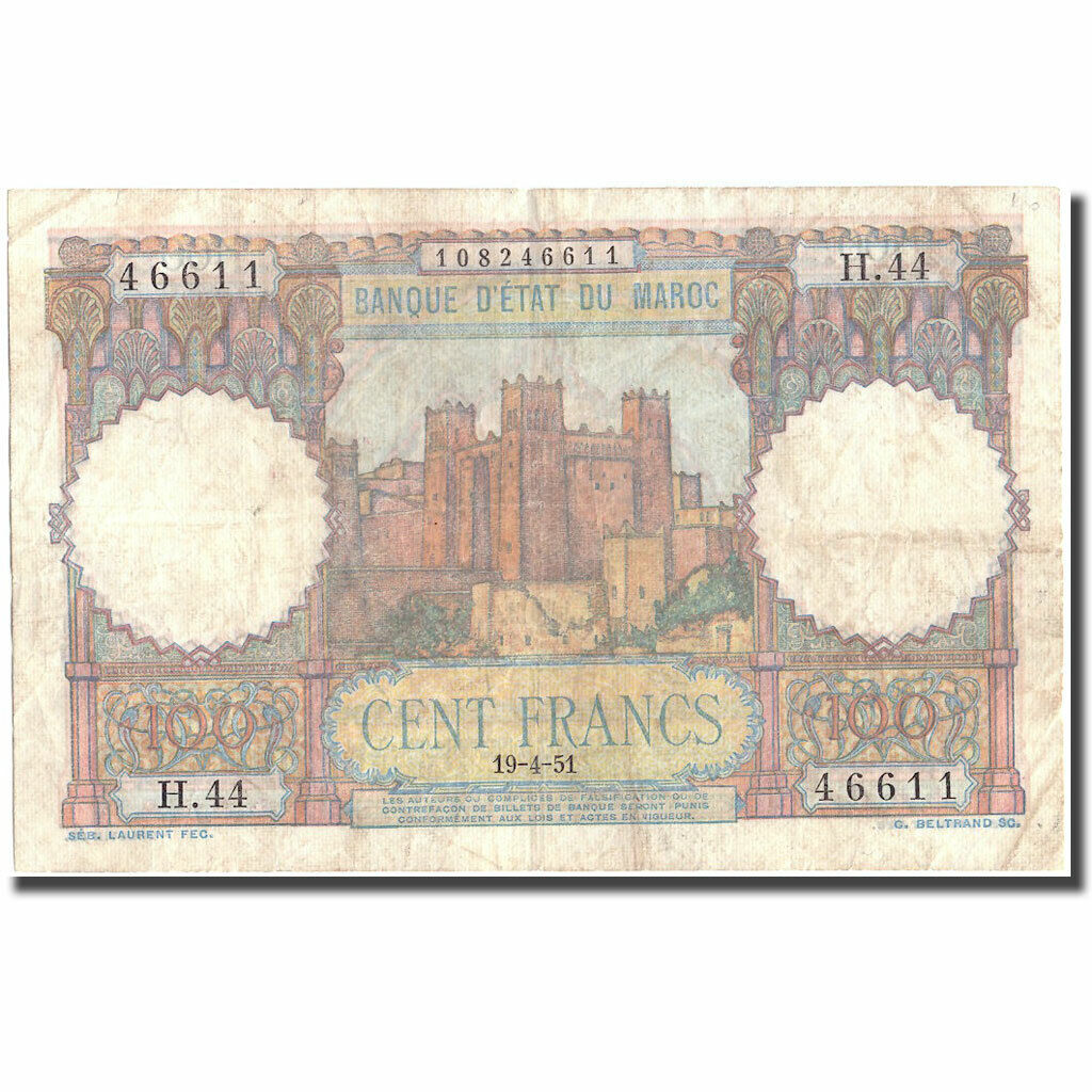 [#215435] Banknote, Morocco, 100 Francs, 1951, 1951-04-19, Km:45, Vf