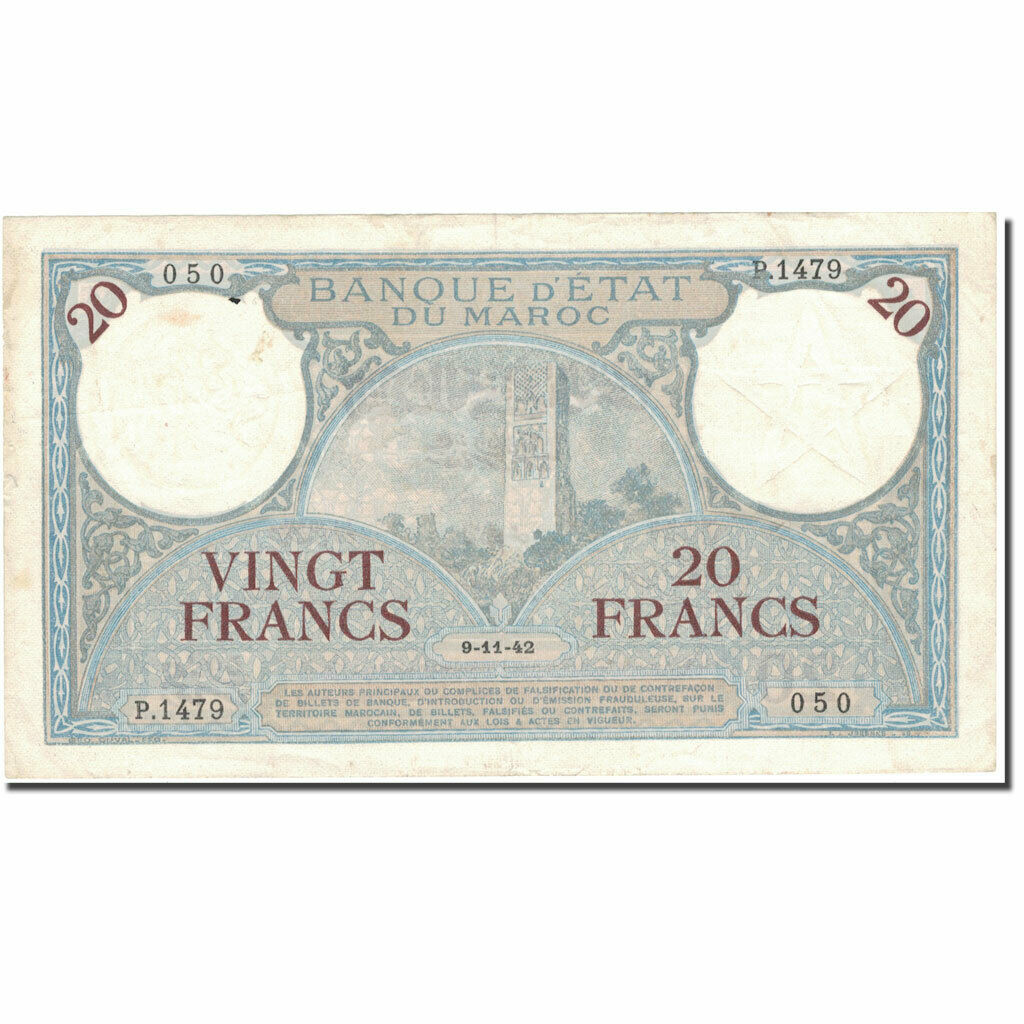 [#806498] Banknote, Morocco, 20 Francs, 1942, 1942-11-09, Km:18b, Ef