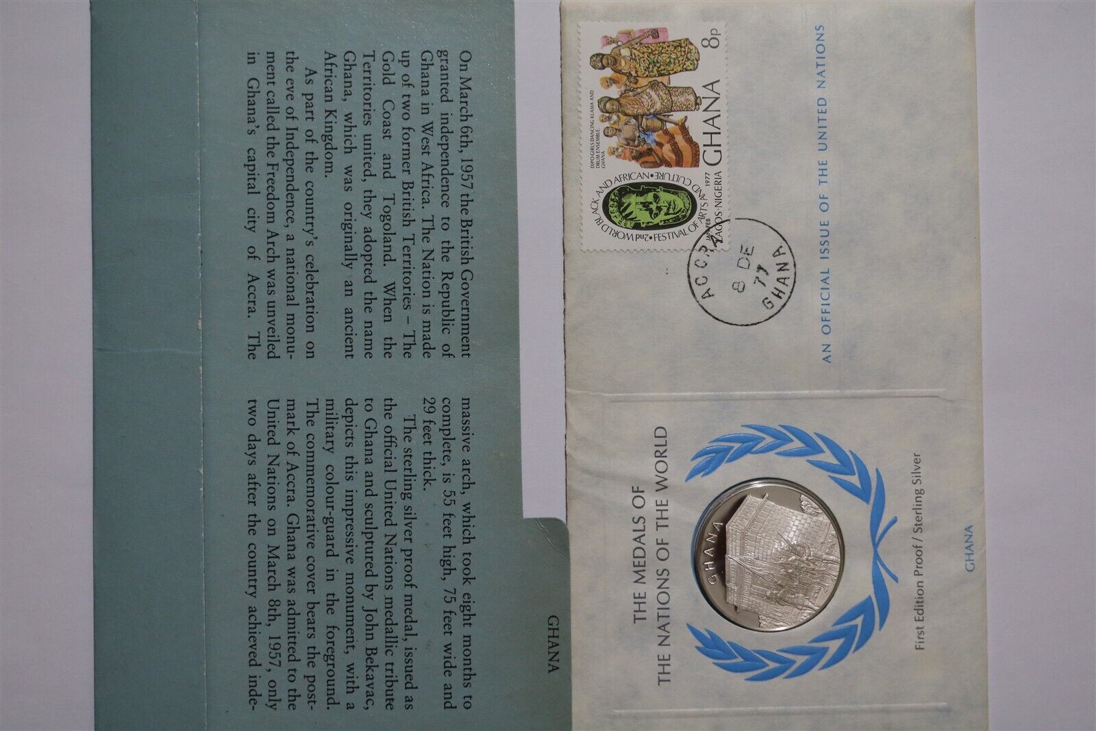🧭 🇬🇭 Ghana United Nations Sterling Silver Medal Cover B52 #11 Cg49